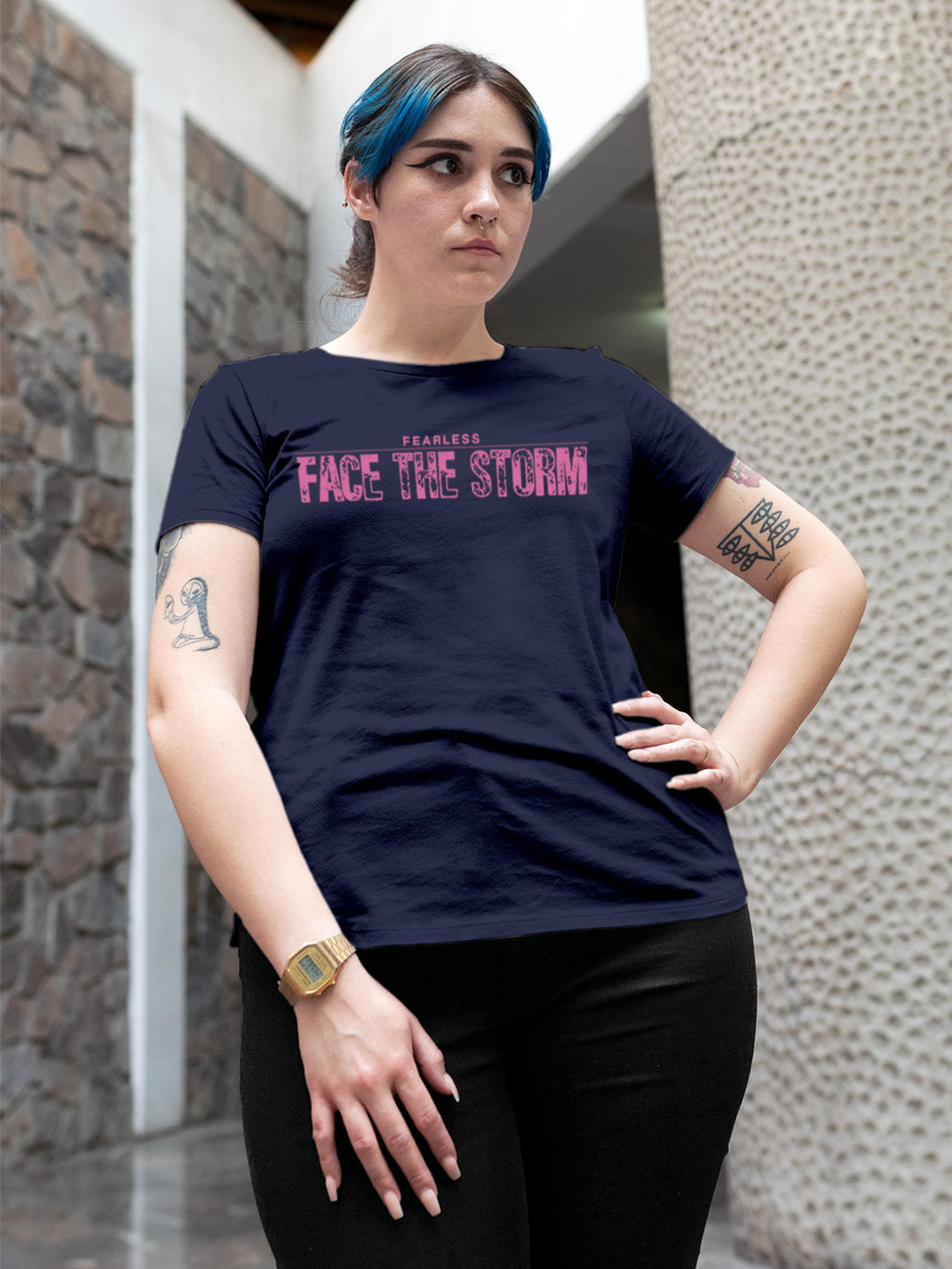 Model wearing Women's Navy Blue Round Neck T-shirt with 'Fearless. Face the Storm' design, offering effortless style and premium comfort