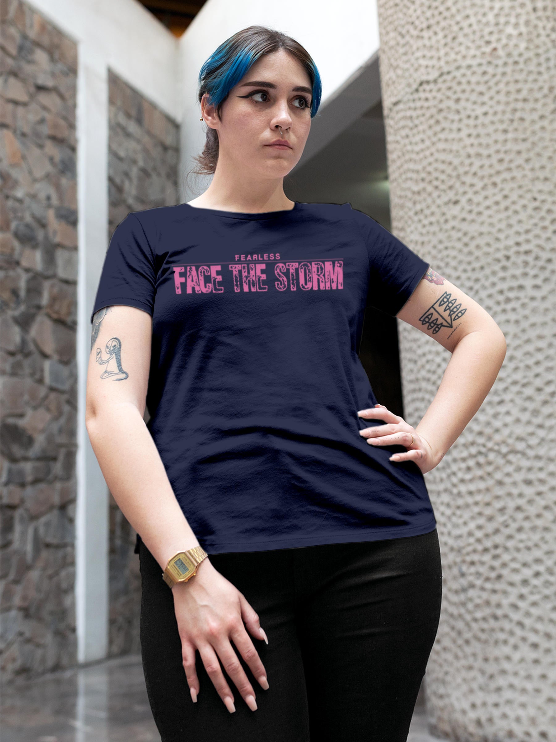 Model wearing Women's Navy Blue Round Neck T-shirt with 'Fearless. Face the Storm' design, offering effortless style and premium comfort