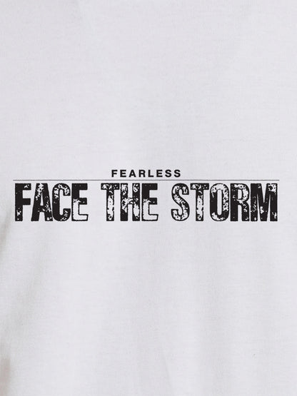 Close up of 'Fearless. Face the Storm' design on Men's White Round Neck T-shirt, highlighting intricate details and vibrant print.