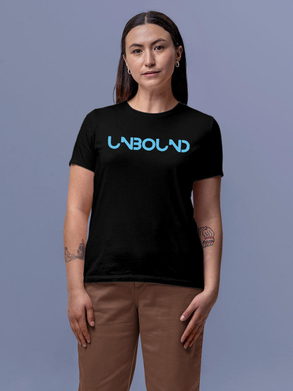 Model wearing Women's Black Round Neck T-shirt with 'Unbound' design, offering effortless style and premium comfort