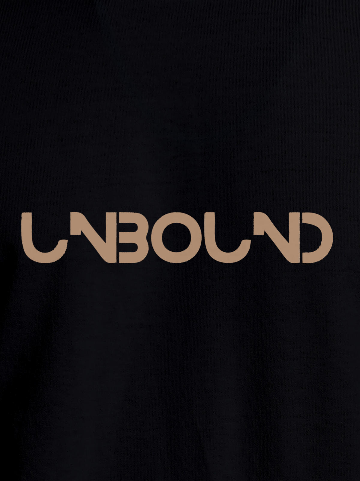 Close up of 'Unbound' design on Women's Black Round Neck T-shirt, highlighting intricate details and vibrant print.
