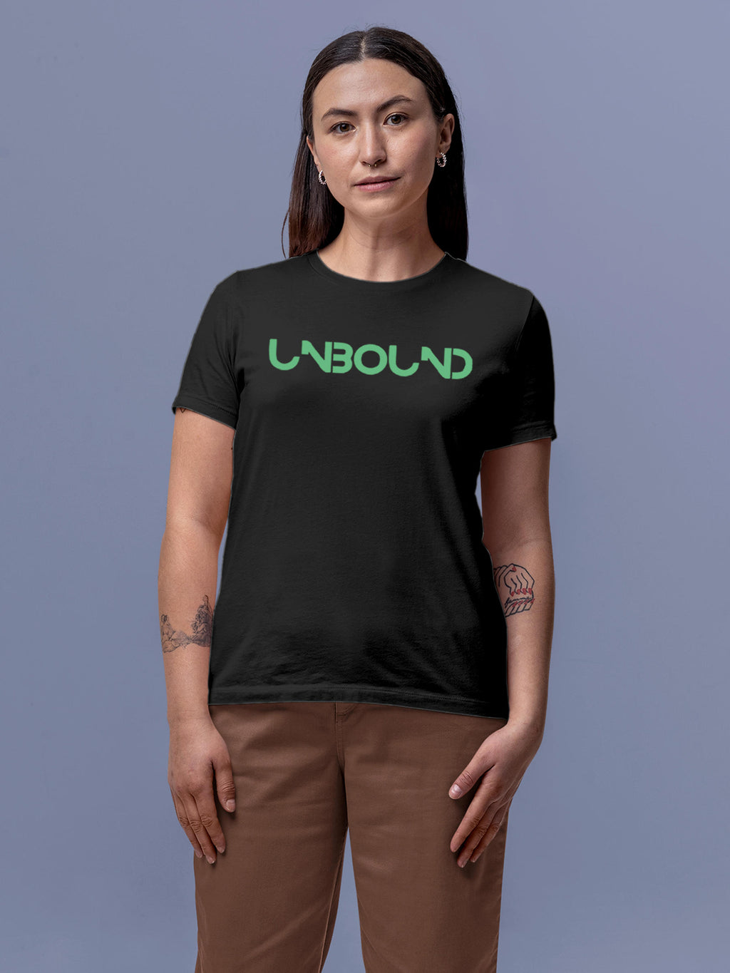 Model wearing Women's Dark Grey Round Neck T-shirt with 'Unbound' design, offering effortless style and premium comfort