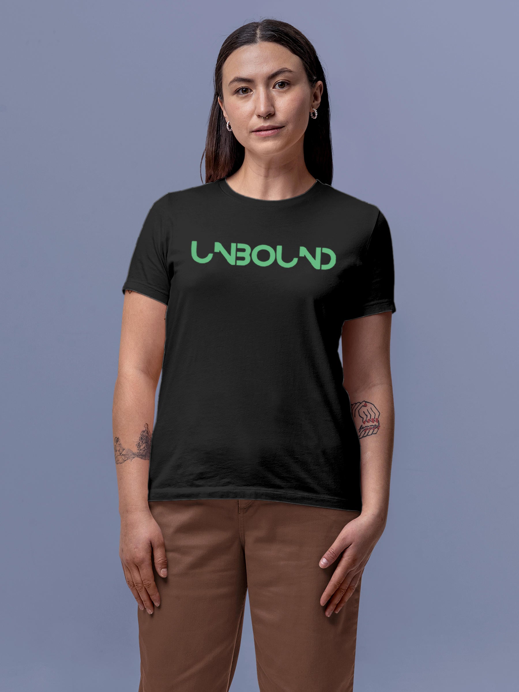 Model wearing Women's Dark Grey Round Neck T-shirt with 'Unbound' design, offering effortless style and premium comfort