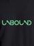 Close up of 'Unbound' design on Women's Dark Grey Round Neck T-shirt, highlighting intricate details and vibrant print.