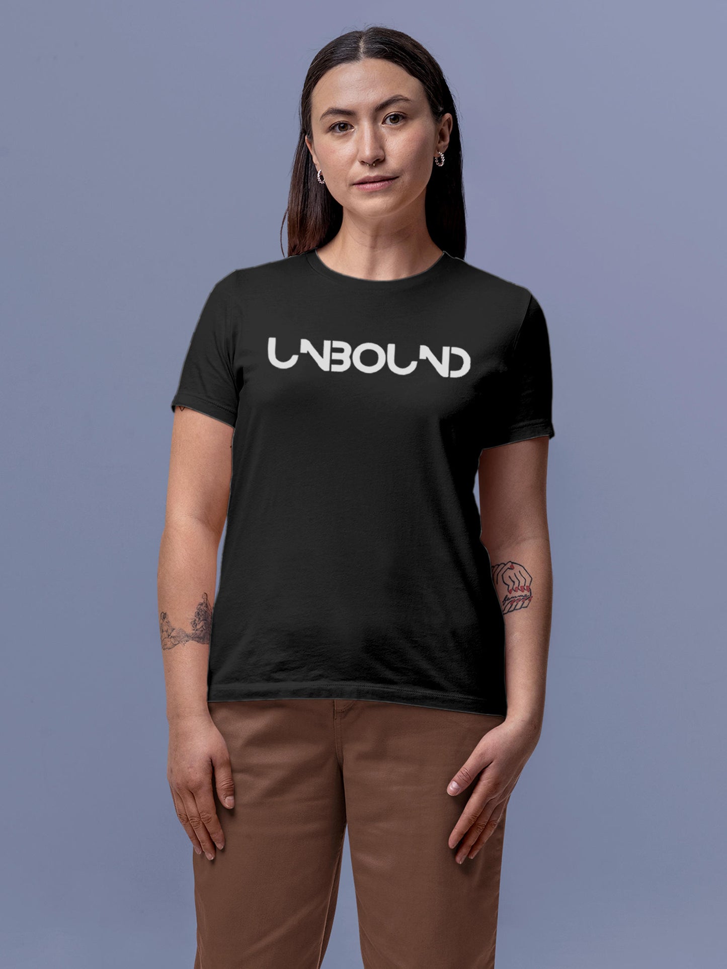 Model wearing Women's Dark Grey Round Neck T-shirt with 'Unbound' design, offering effortless style and premium comfort