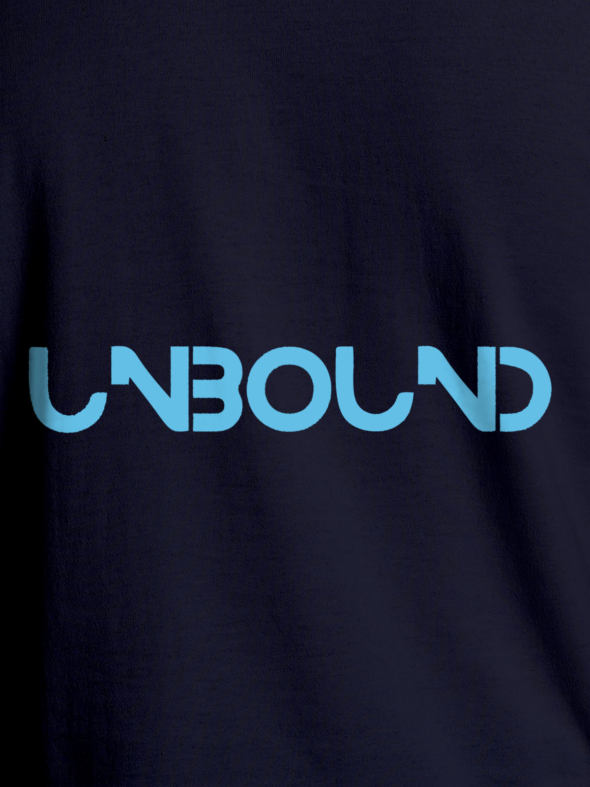 Close up of 'Unbound' design on Men's Navy Blue Round Neck T-shirt, highlighting intricate details and vibrant print.