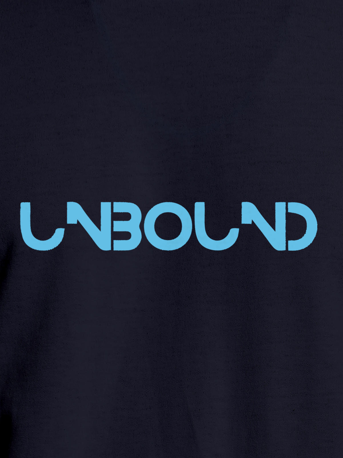 Close up of 'Unbound' design on Women's Navy Blue Round Neck T-shirt, highlighting intricate details and vibrant print.