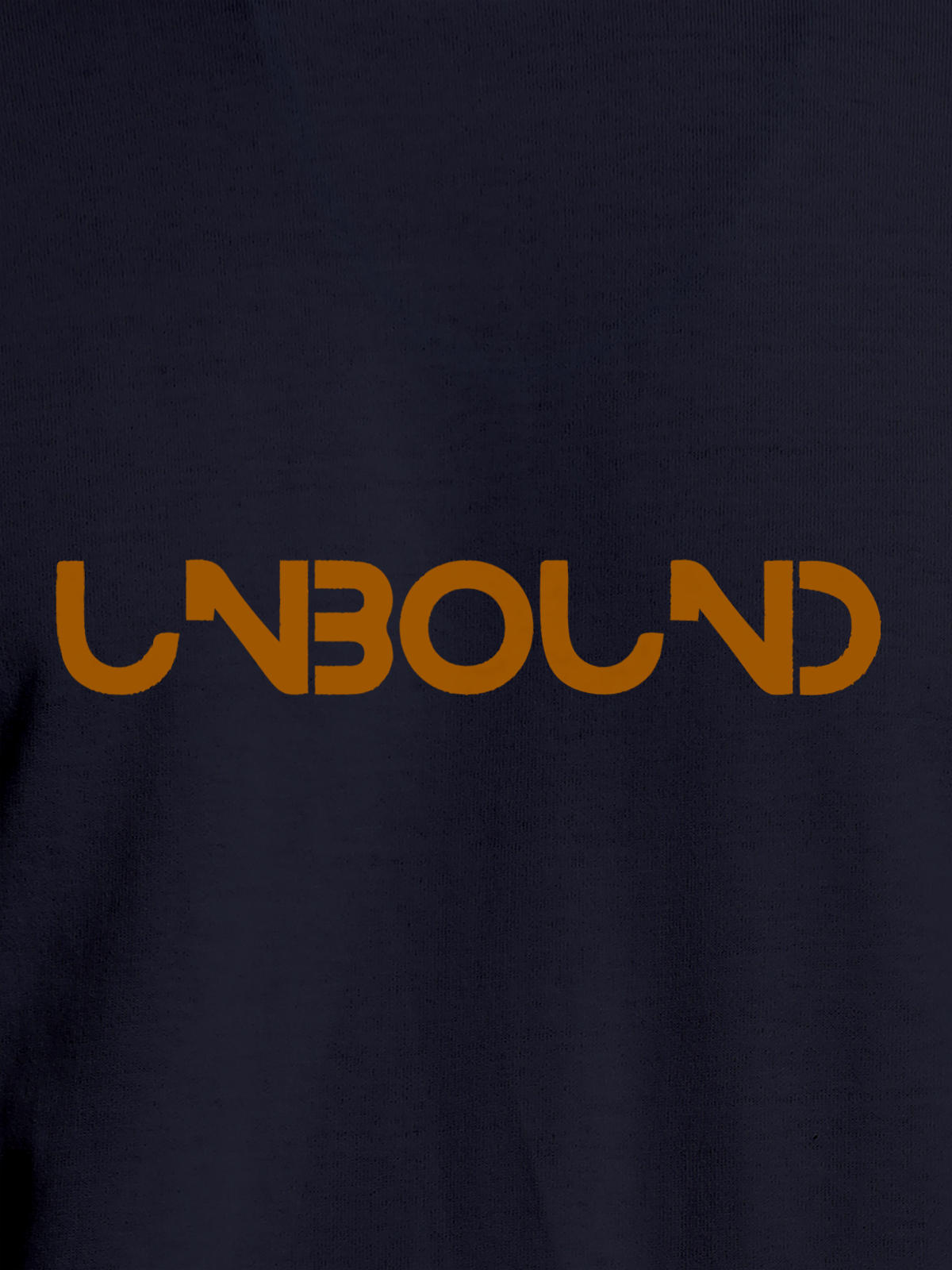 Close up of 'Unbound' design on Women's Navy Blue Round Neck T-shirt, highlighting intricate details and vibrant print.