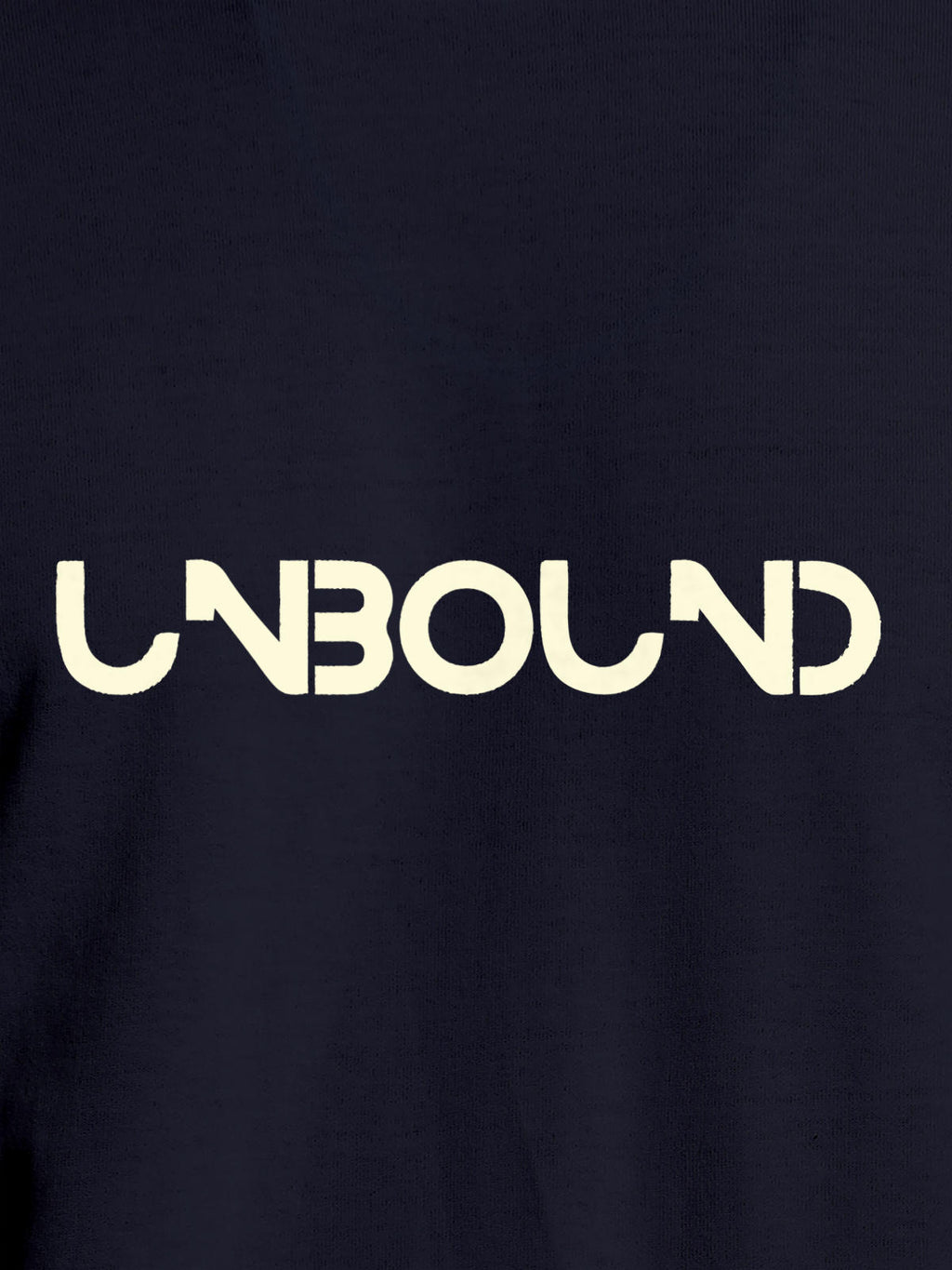 Close up of 'Unbound' design on Women's Navy Blue Round Neck T-shirt, highlighting intricate details and vibrant print.