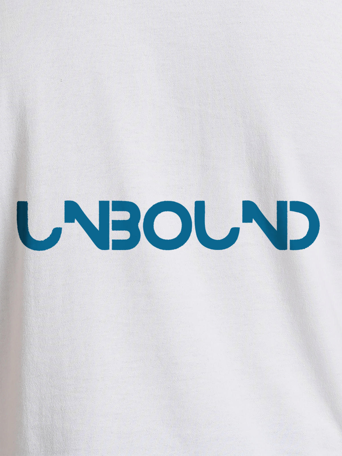 Close up of 'Unbound' design on Men's White Round Neck T-shirt, highlighting intricate details and vibrant print.