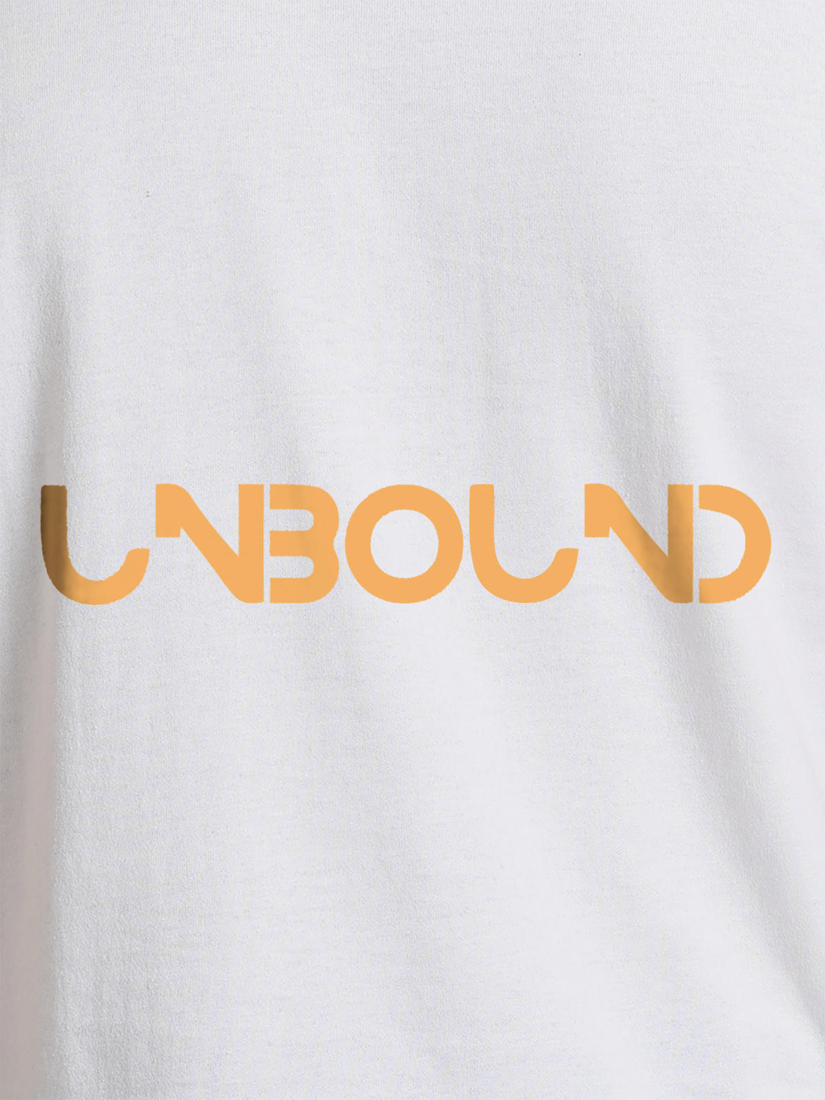 Close up of 'Unbound' design on Men's White Round Neck T-shirt, highlighting intricate details and vibrant print.