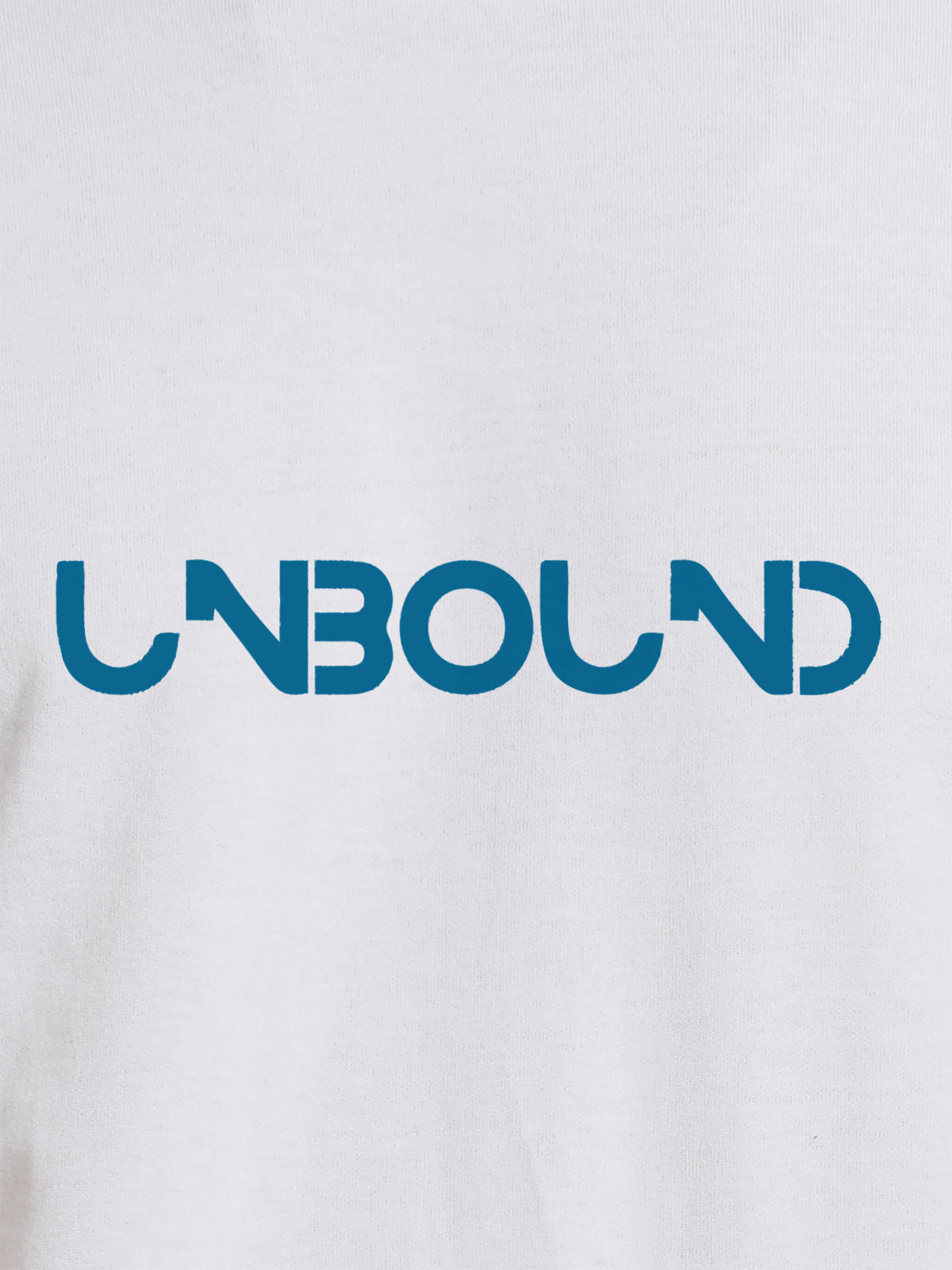 Close up of 'Unbound' design on Women's White Round Neck T-shirt, highlighting intricate details and vibrant print.