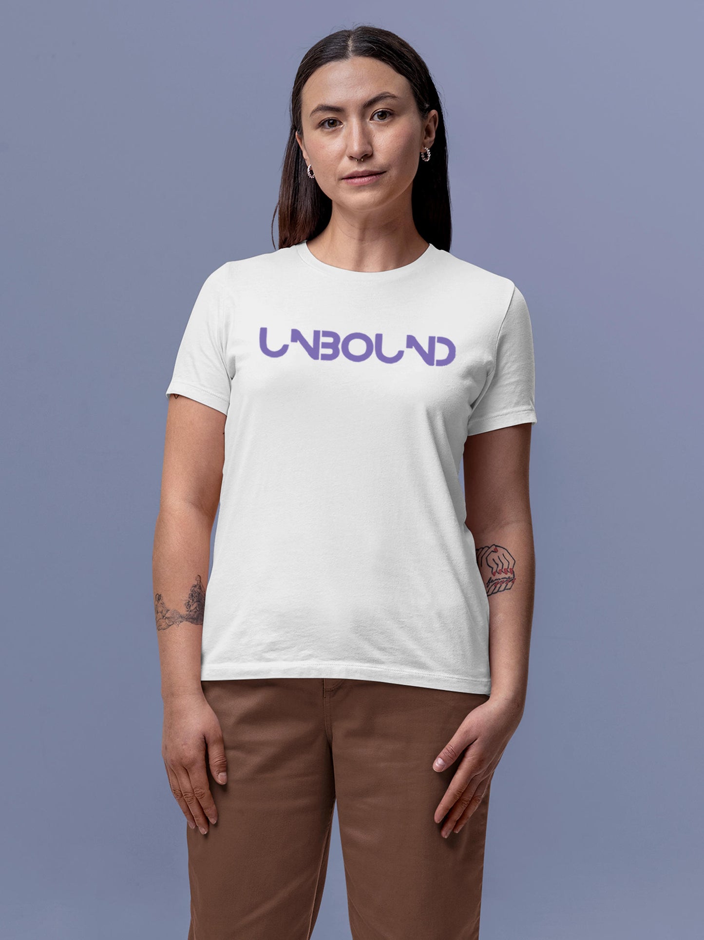 Model wearing Women's White Round Neck T-shirt with 'Unbound' design, offering effortless style and premium comfort