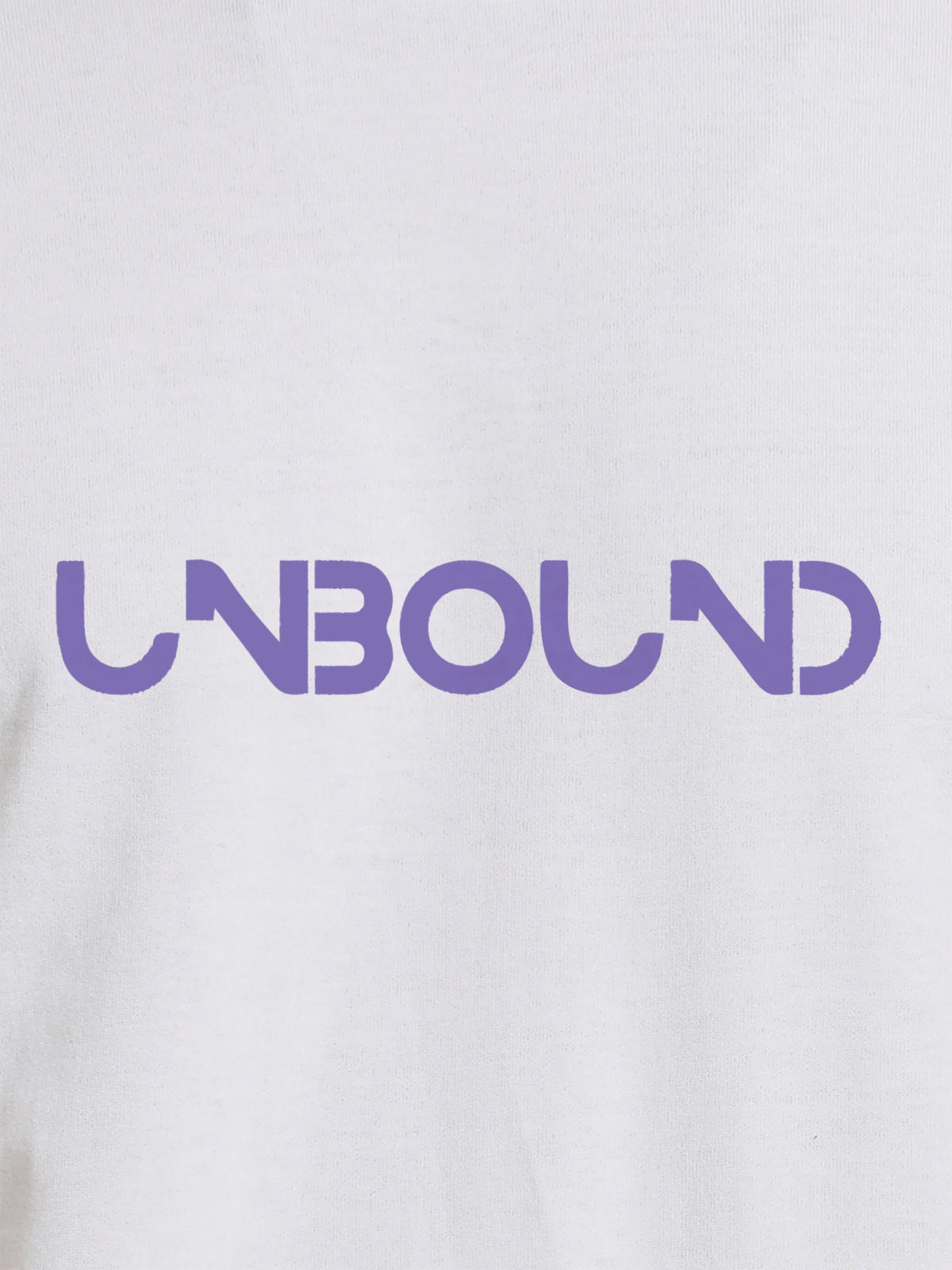 Close up of 'Unbound' design on Women's White Round Neck T-shirt, highlighting intricate details and vibrant print.