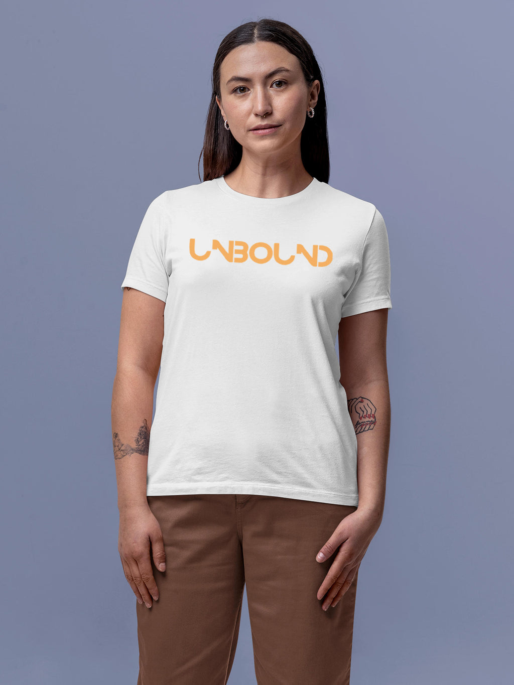 Model wearing Women's White Round Neck T-shirt with 'Unbound' design, offering effortless style and premium comfort