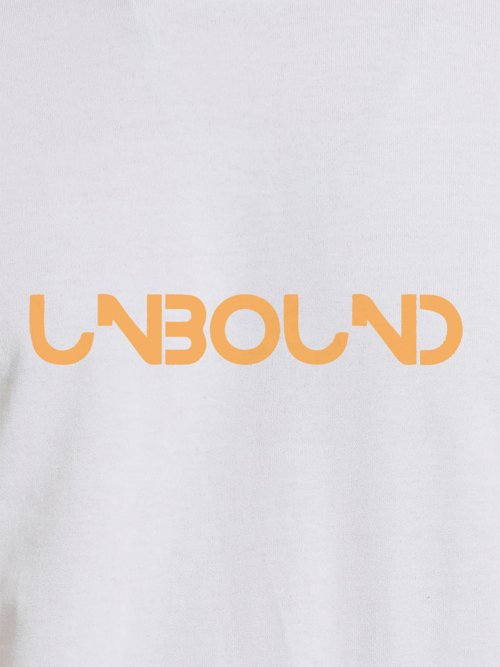 Close up of 'Unbound' design on Women's White Round Neck T-shirt, highlighting intricate details and vibrant print.