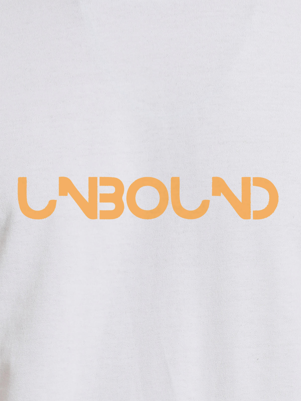 Close up of 'Unbound' design on Women's White Round Neck T-shirt, highlighting intricate details and vibrant print.