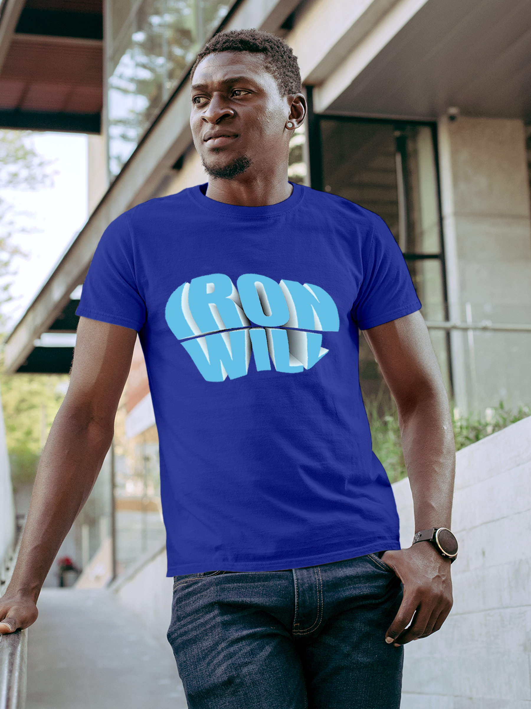 Model wearing Men's Blue Round Neck T-shirt with 'Iron Will' design, offering effortless style and premium comfort