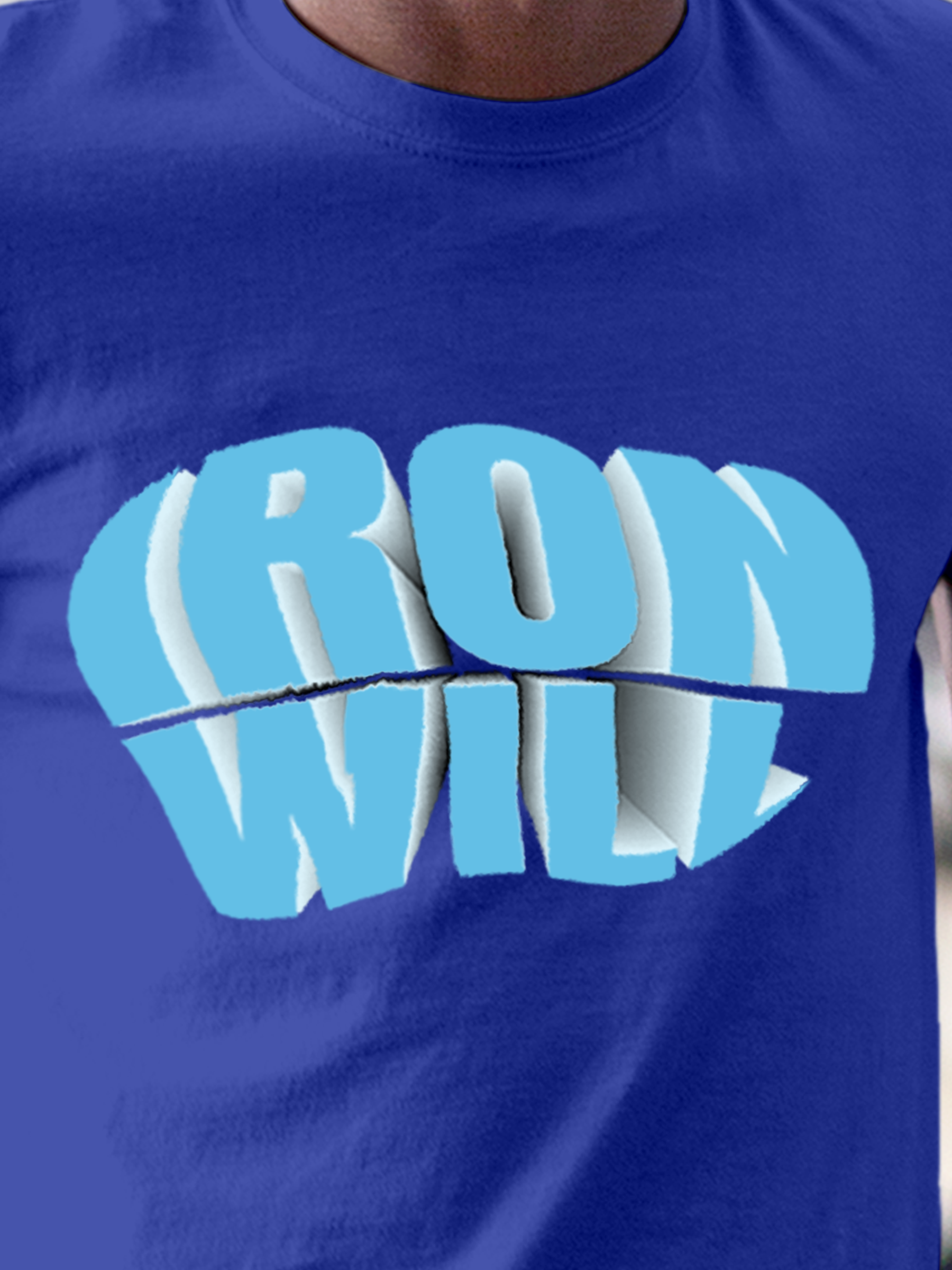 Close up of 'Iron Will' design on Men's Blue Round Neck T-shirt, highlighting intricate details and vibrant print.