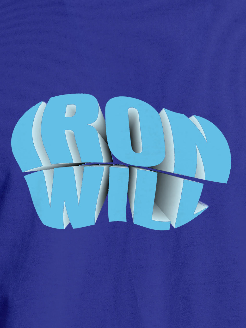 Close up of 'Iron Will' design on Men's Blue Round Neck T-shirt, highlighting intricate details and vibrant print.