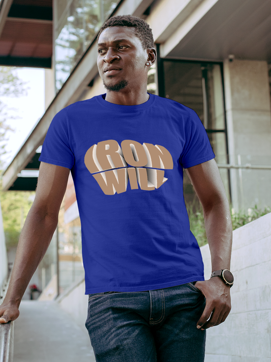 Fighterhero T-shirts: Model wearing Men's Blue Round Neck T-shirt with 'Iron Will' design