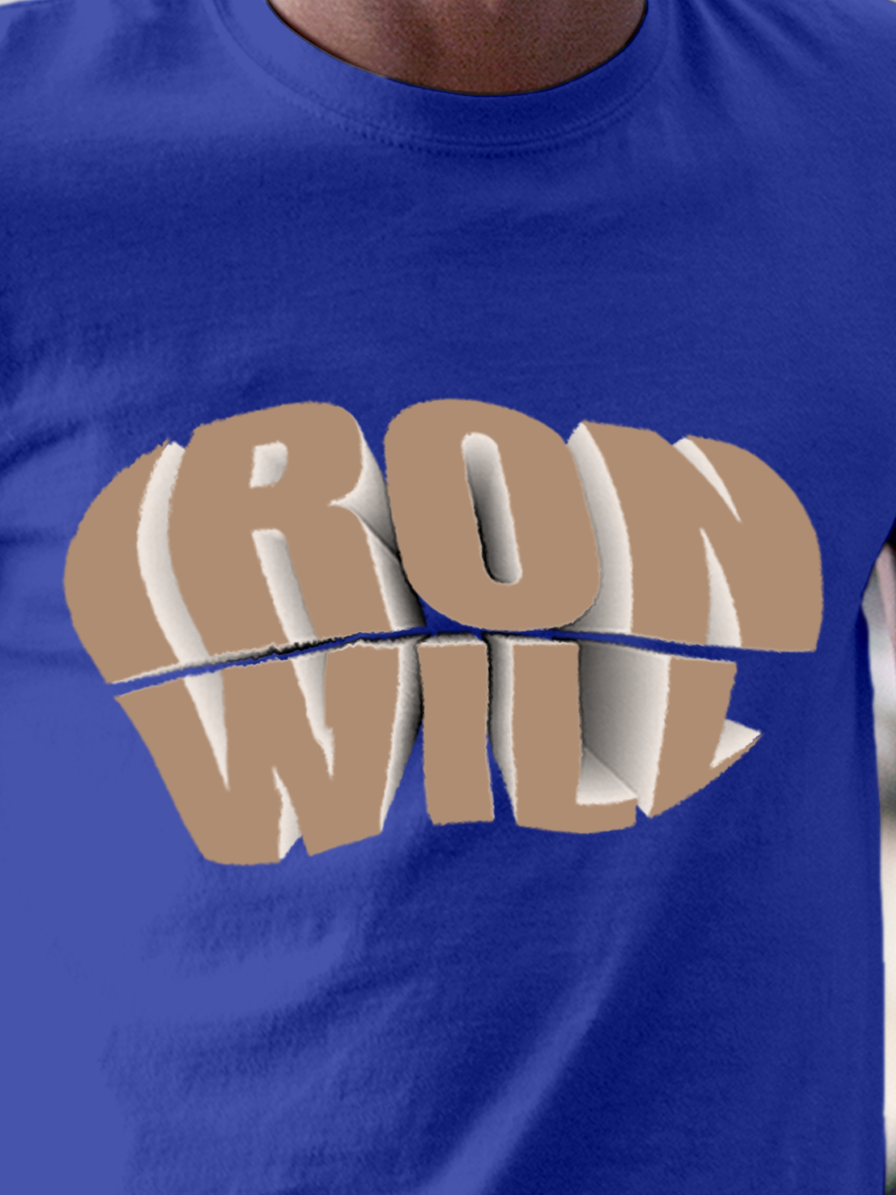 Close up of 'Iron Will' design on Men's Blue Round Neck T-shirt, highlighting intricate details and vibrant print.
