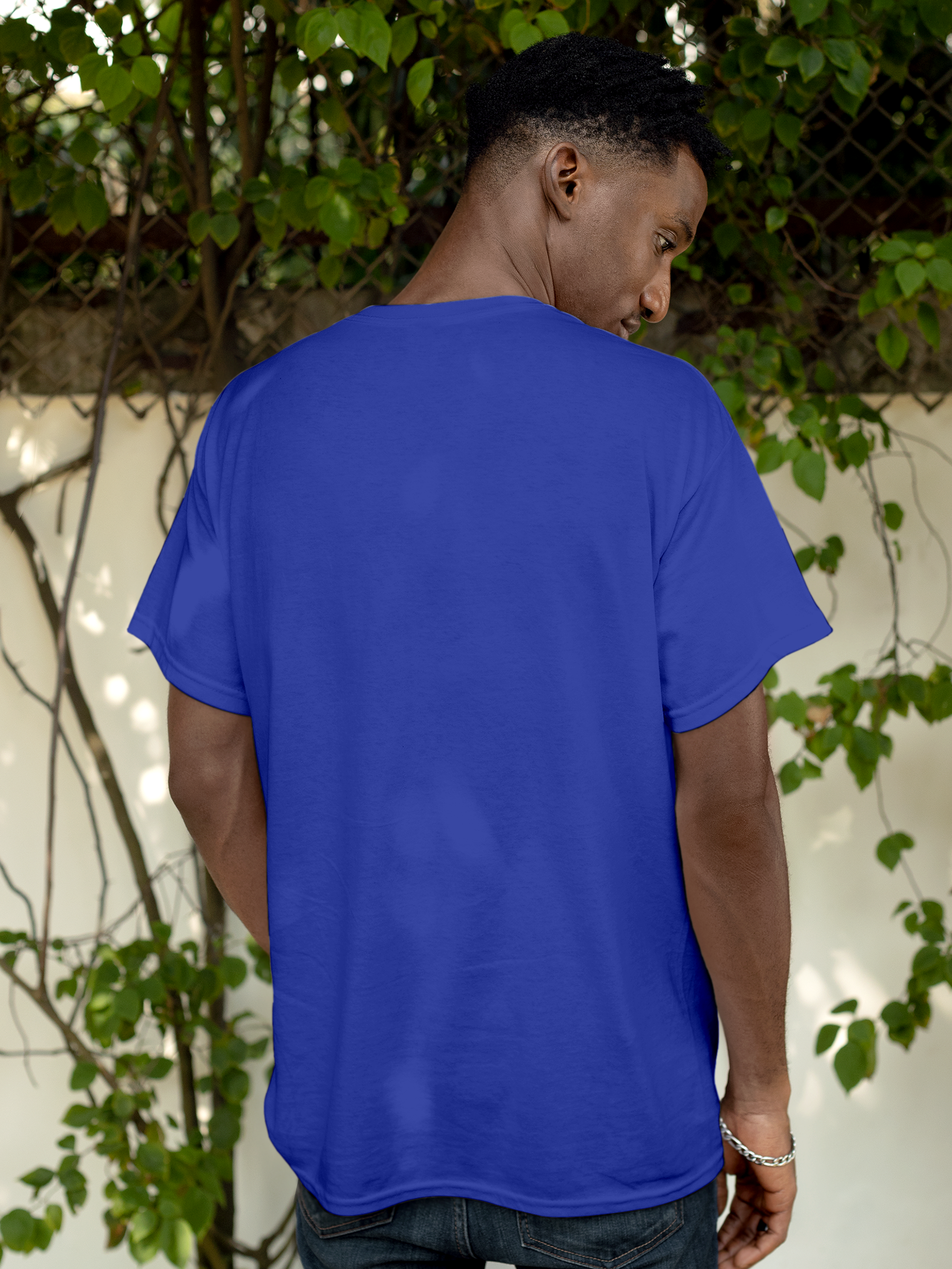 Back view of Fighterhero Men's Blue Round Neck T-shirt, highlighting the modern look and clean finish