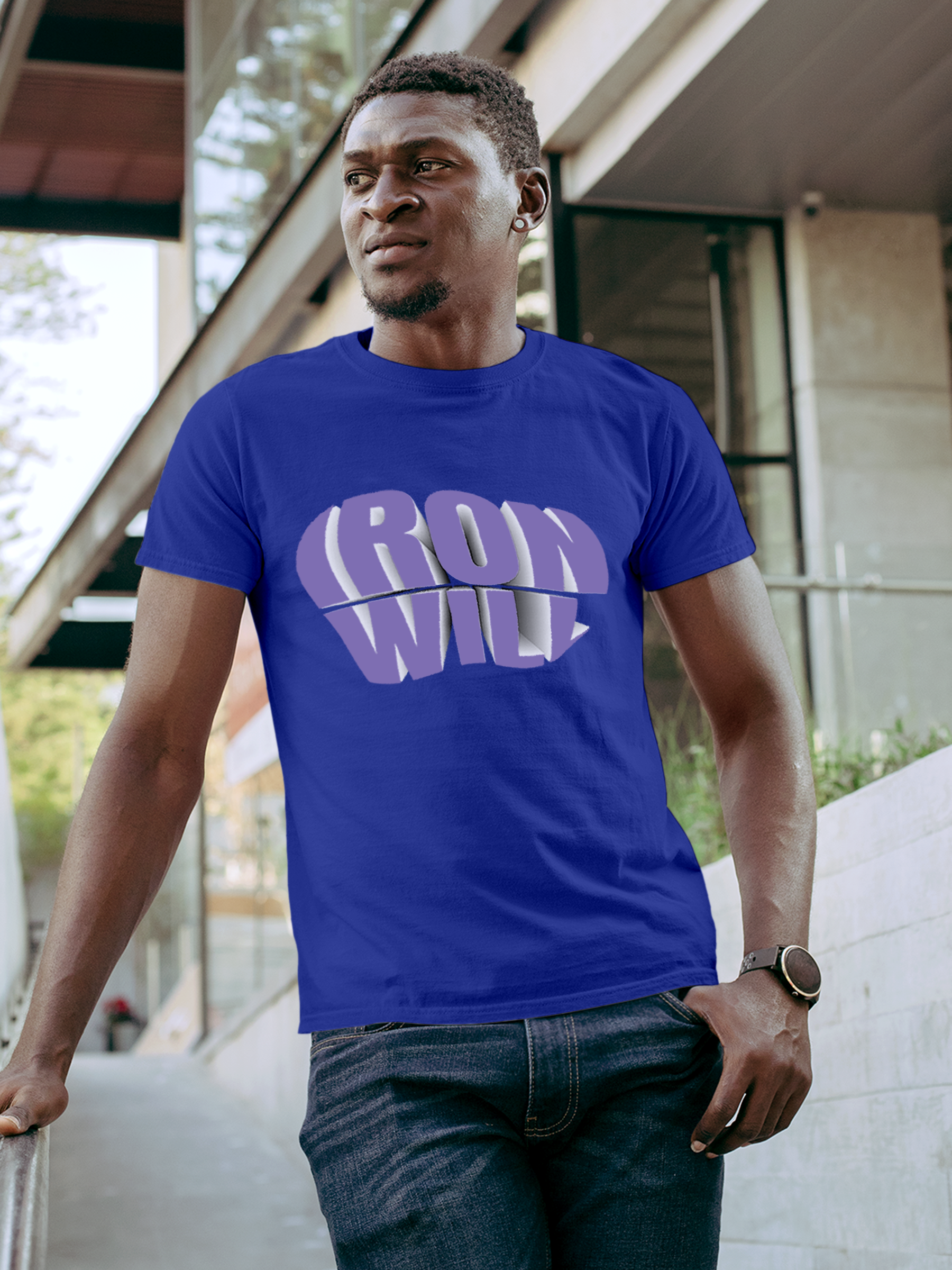 Model wearing Men's Blue Round Neck T-shirt with 'Iron Will' design, offering effortless style and premium comfort