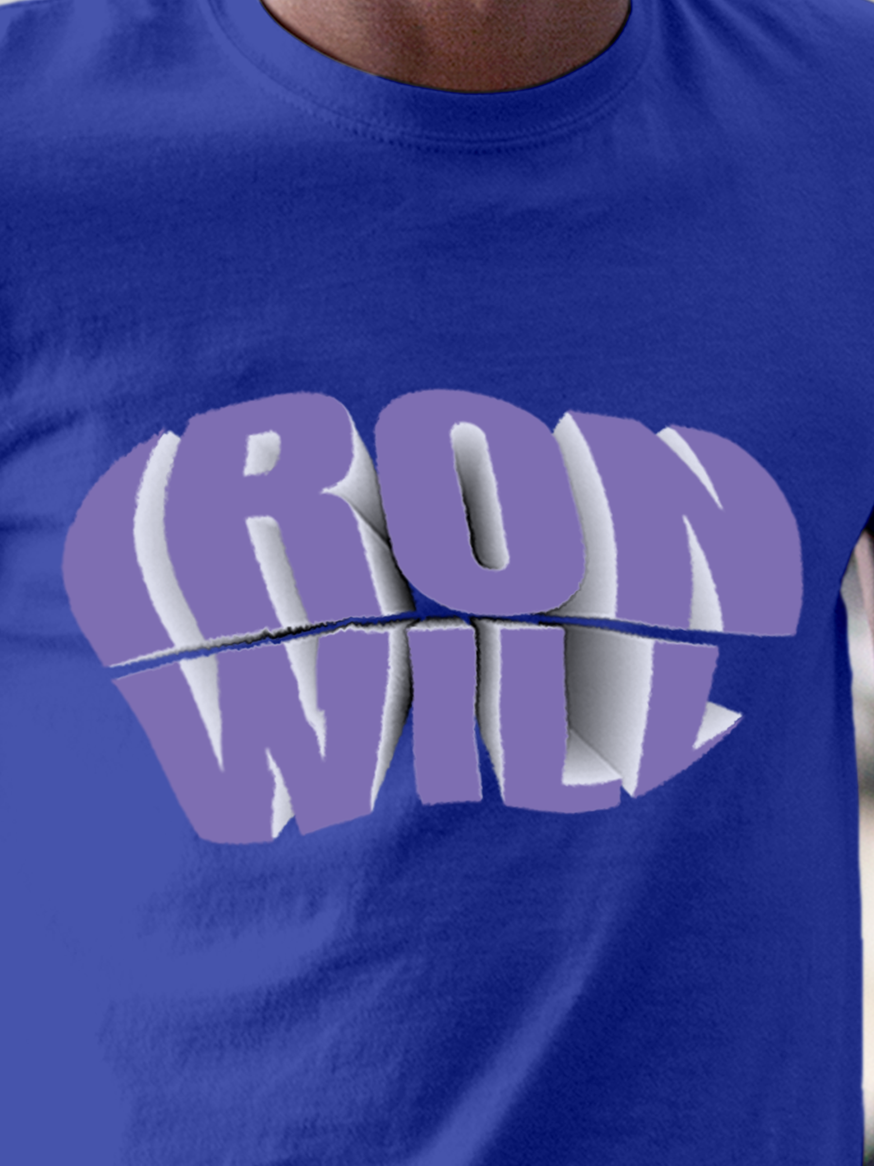 Close up of 'Iron Will' design on Men's Blue Round Neck T-shirt, highlighting intricate details and vibrant print.