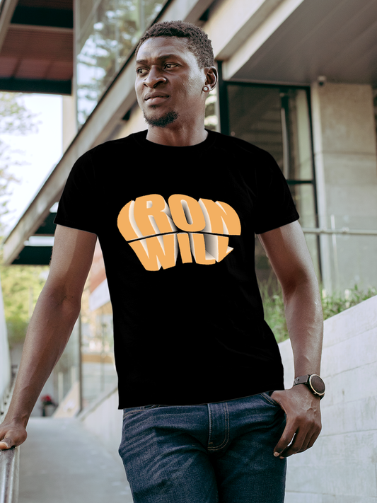 Fighterhero T-shirts: Model wearing Men's Black Round Neck T-shirt with 'Iron Will' design