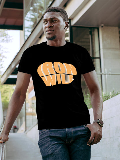 Model wearing Men's Black Round Neck T-shirt with 'Iron Will' design, offering effortless style and premium comfort
