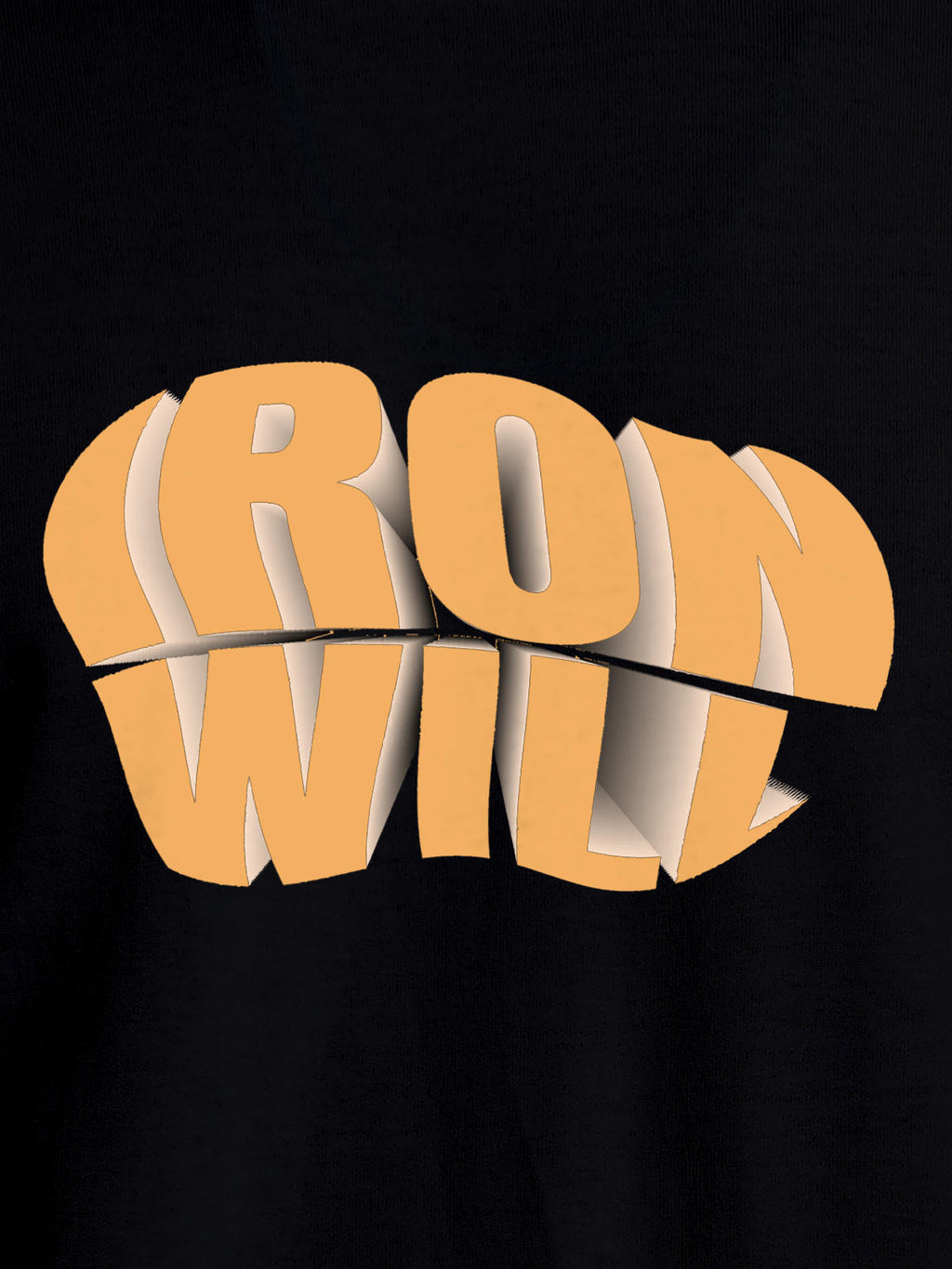 Close up of 'Iron Will' design on Men's Black Round Neck T-shirt, highlighting intricate details and vibrant print.
