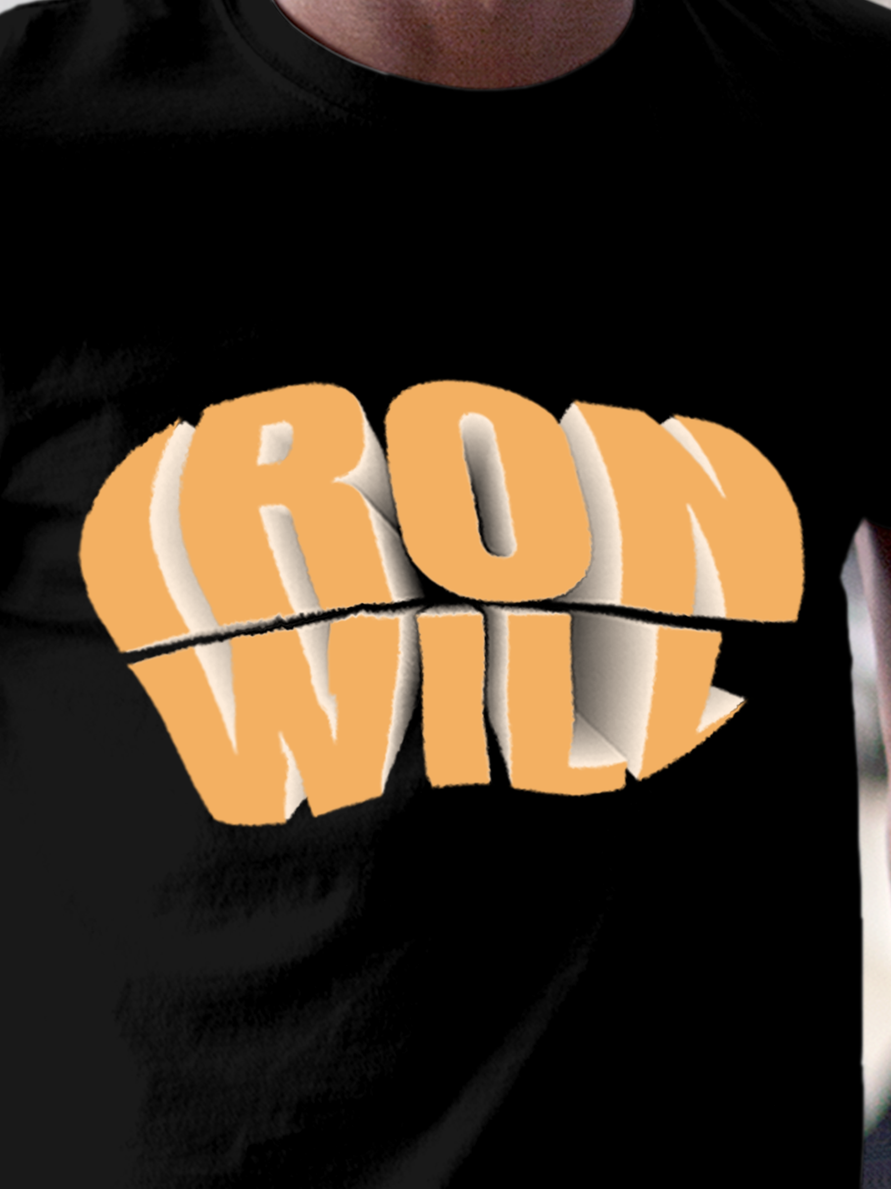 Close up of 'Iron Will' design on Men's Black Round Neck T-shirt, highlighting intricate details and vibrant print.