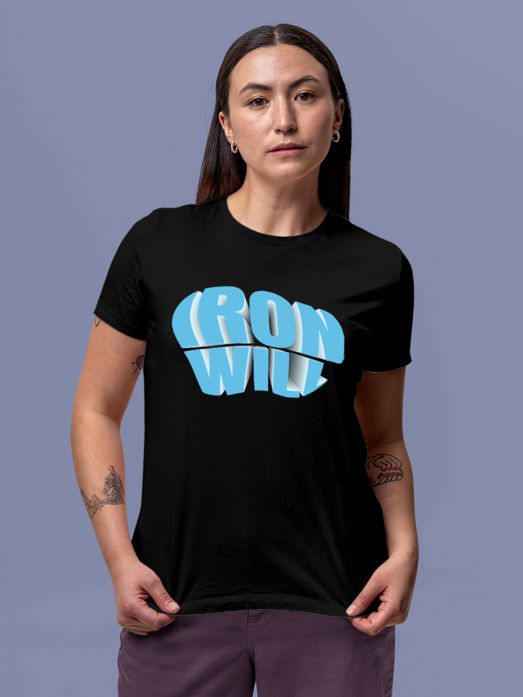 Model wearing Women's Black Round Neck T-shirt with 'Iron Will' design, offering effortless style and premium comfort