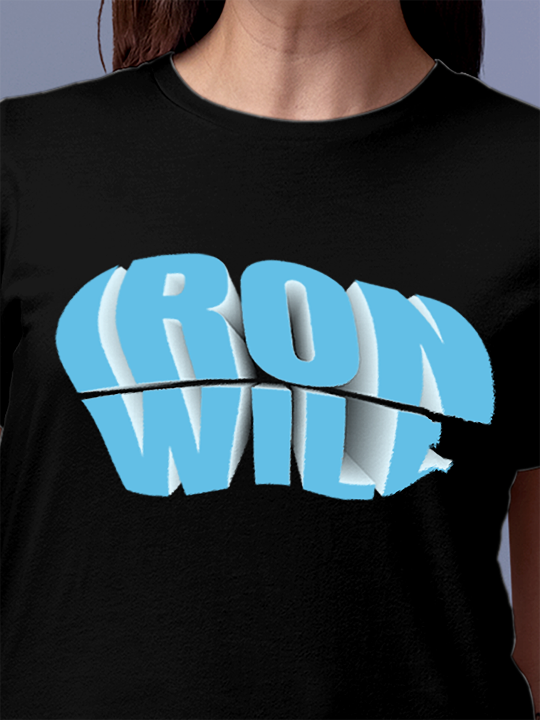 Close up of 'Iron Will' design on Women's Black Round Neck T-shirt, highlighting intricate details and vibrant print.