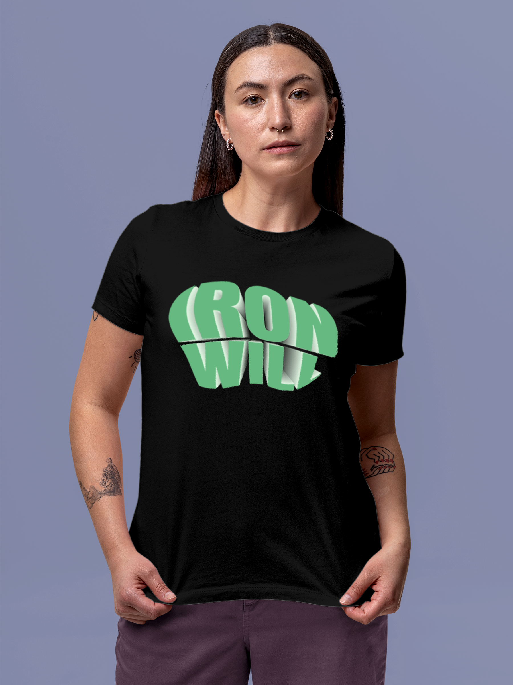 Model wearing Women's Black Round Neck T-shirt with 'Iron Will' design, offering effortless style and premium comfort