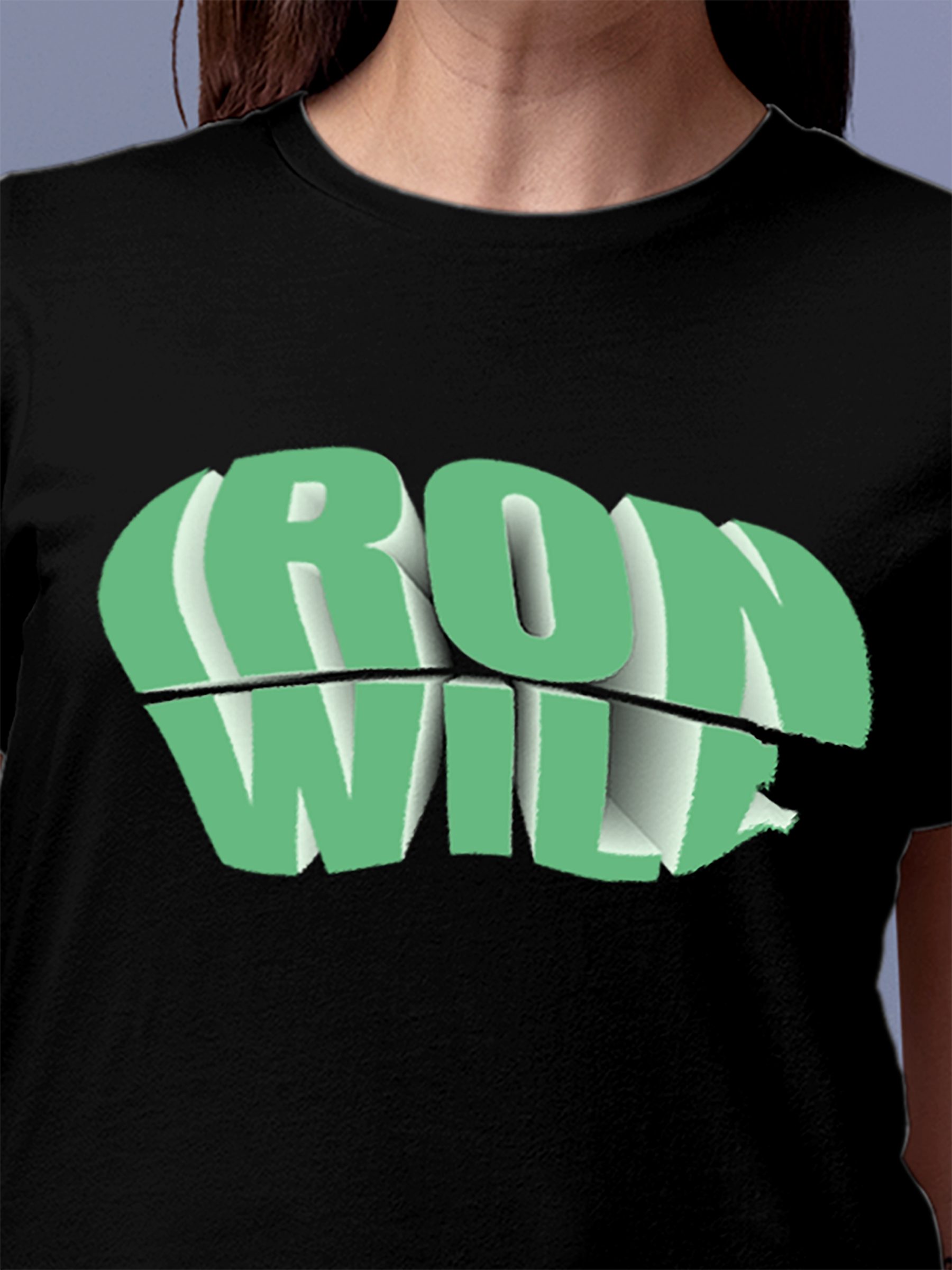 Close up of 'Iron Will' design on Women's Black Round Neck T-shirt, highlighting intricate details and vibrant print.