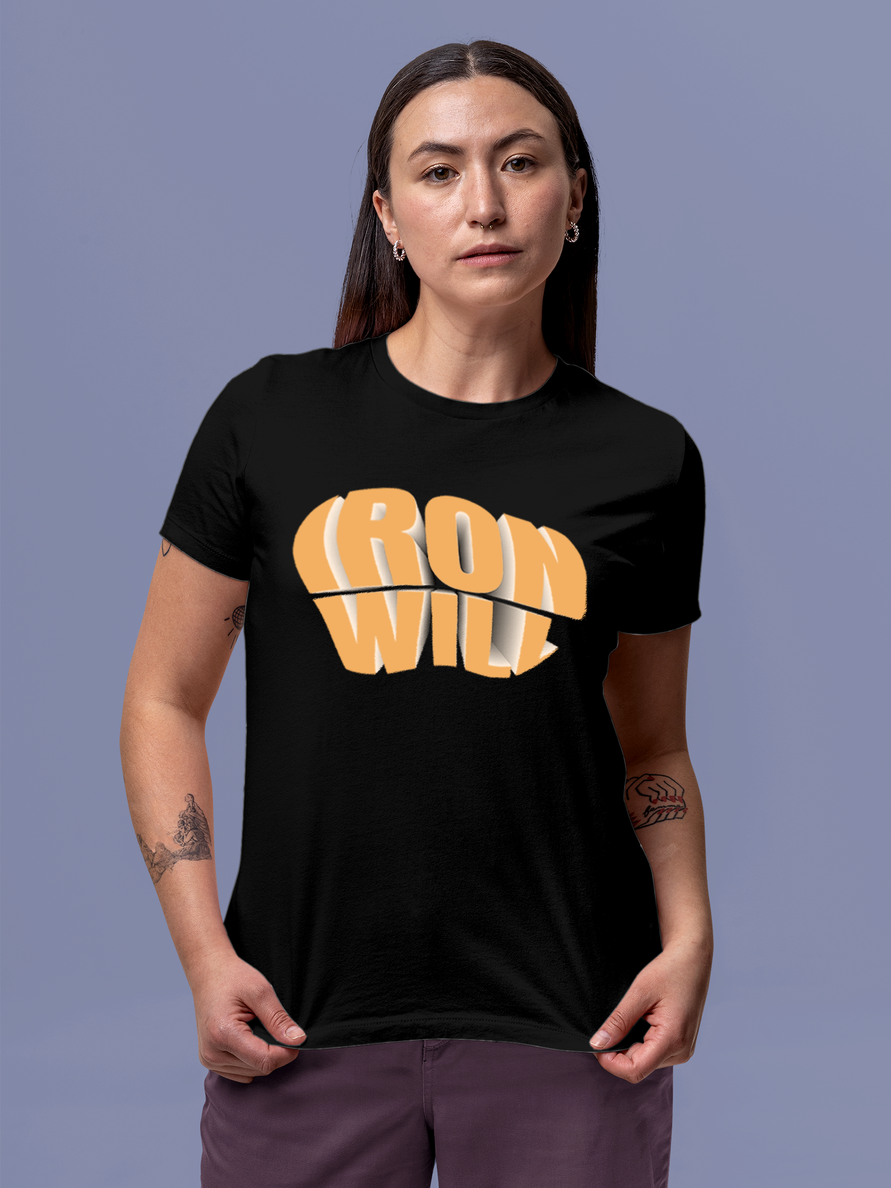 Fighterhero T-shirts: Model wearing Women's Black Round Neck T-shirt with 'Iron Will' design