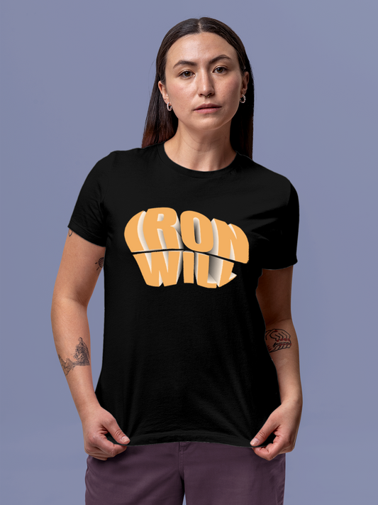 Fighterhero T-shirts: Model wearing Women's Black Round Neck T-shirt with 'Iron Will' design