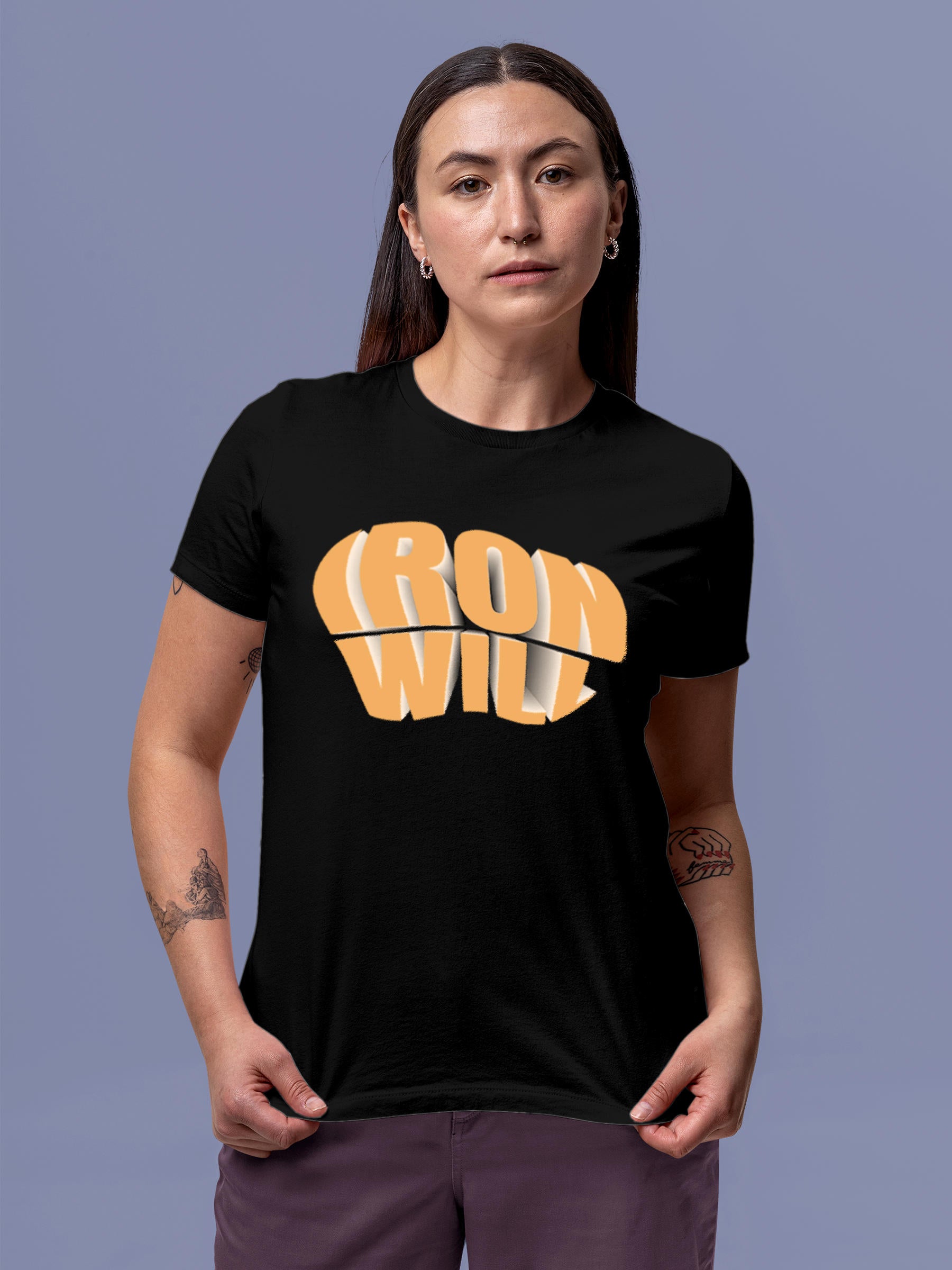 Model wearing Women's Black Round Neck T-shirt with 'Iron Will' design, offering effortless style and premium comfort
