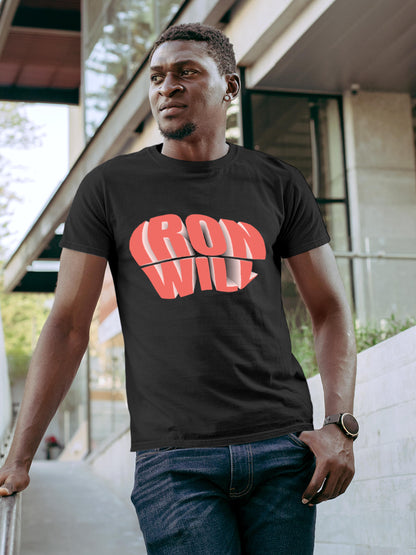 Model wearing Men's Dark Grey Round Neck T-shirt with 'Iron Will' design, offering effortless style and premium comfort