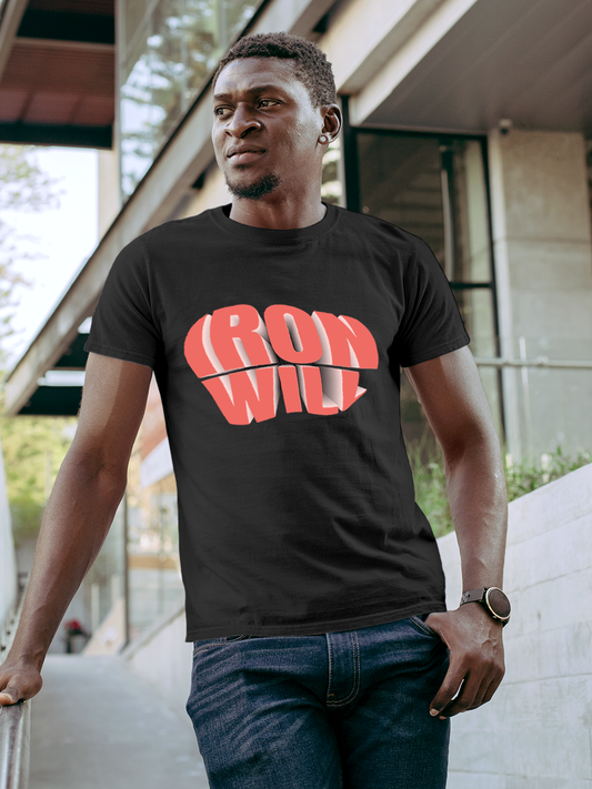 Fighterhero T-shirts: Model wearing Men's Charcoal Grey Round Neck T-shirt with 'Iron Will' design