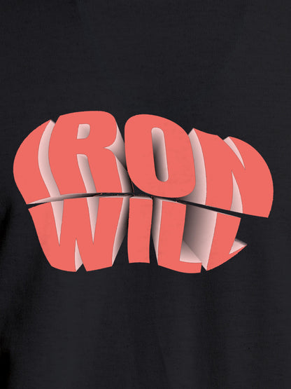 Close up of 'Iron Will' design on Men's Dark Grey Round Neck T-shirt, highlighting intricate details and vibrant print.