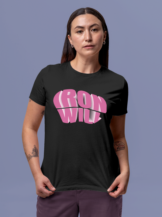 Fighterhero T-shirts: Model wearing Women's Charcoal Grey Round Neck T-shirt with 'Iron Will' design