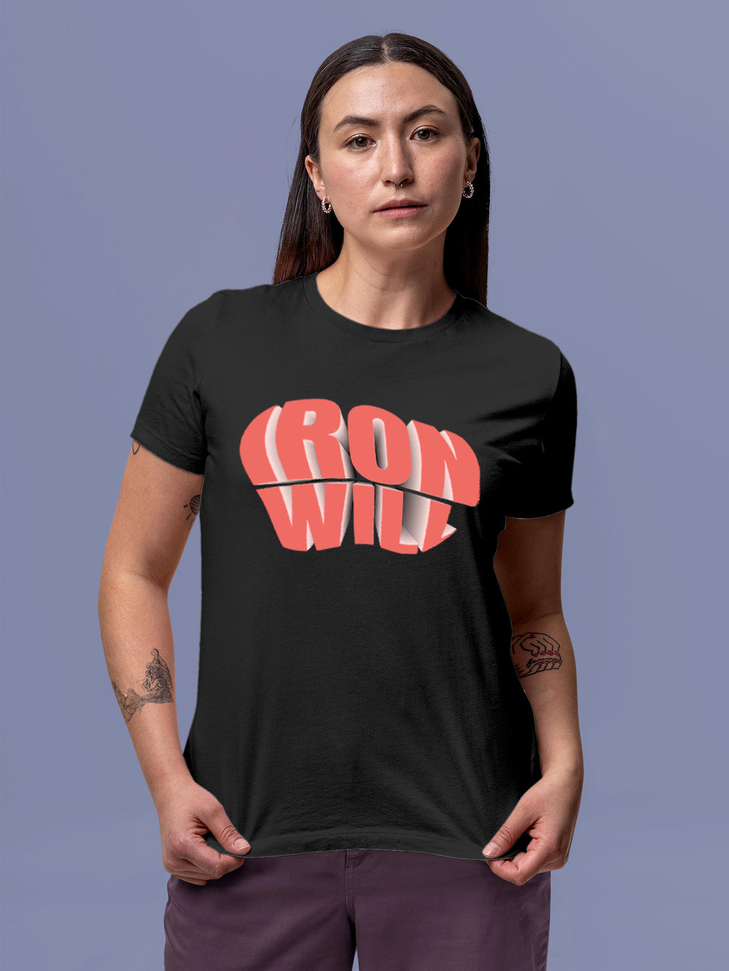 Model wearing Women's Dark Grey Round Neck T-shirt with 'Iron Will' design, offering effortless style and premium comfort