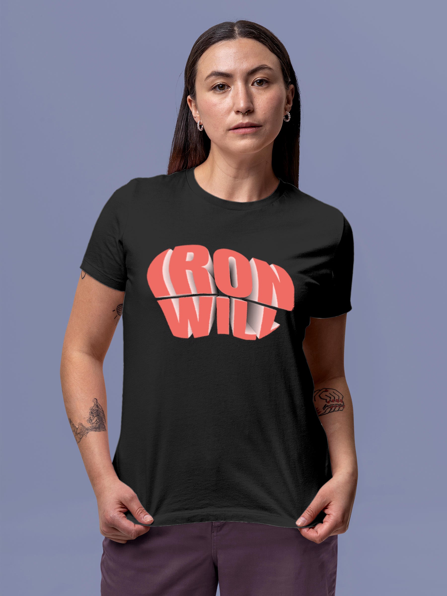 Model wearing Women's Dark Grey Round Neck T-shirt with 'Iron Will' design, offering effortless style and premium comfort