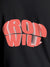Close up of 'Iron Will' design on Women's Dark Grey Round Neck T-shirt, highlighting intricate details and vibrant print.