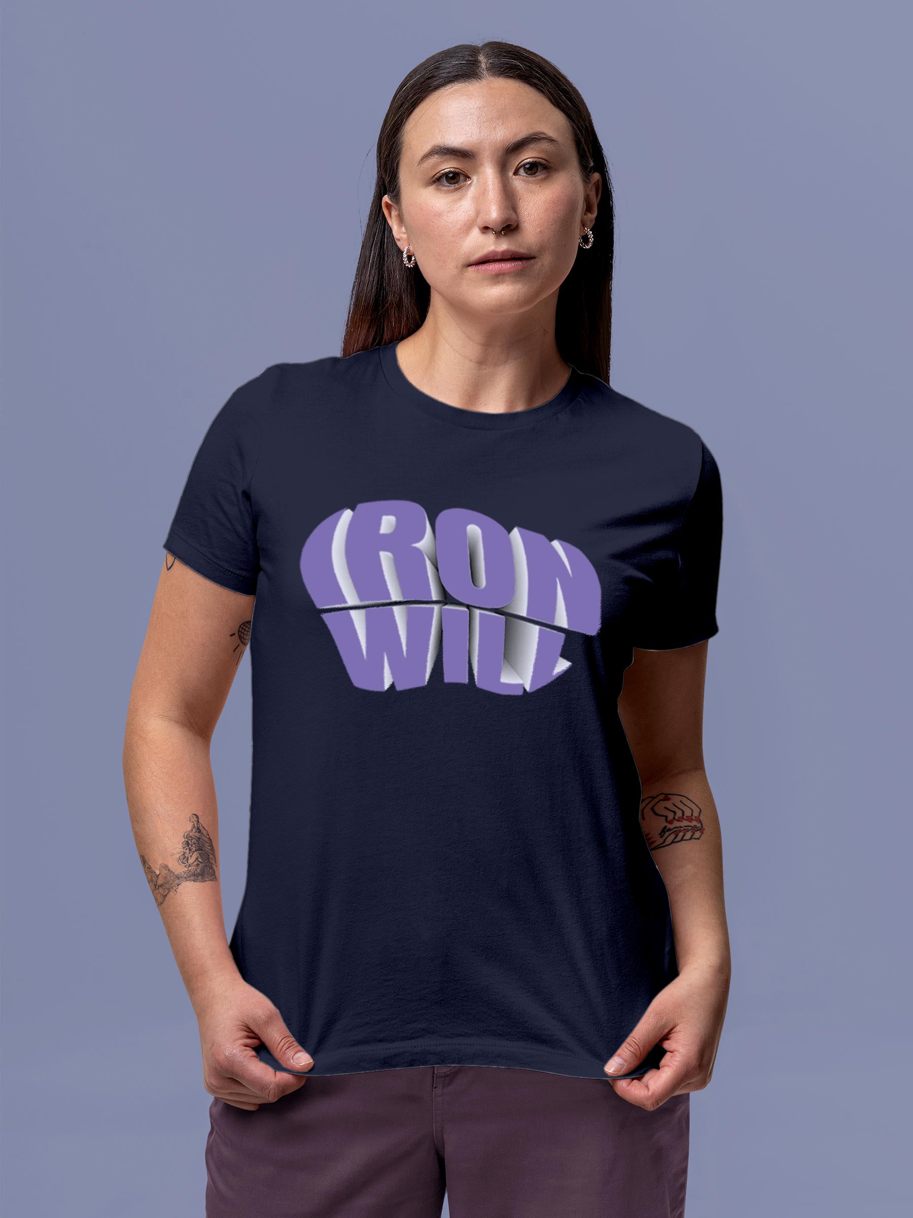 Model wearing Women's Navy Blue Round Neck T-shirt with 'Iron Will' design, offering effortless style and premium comfort