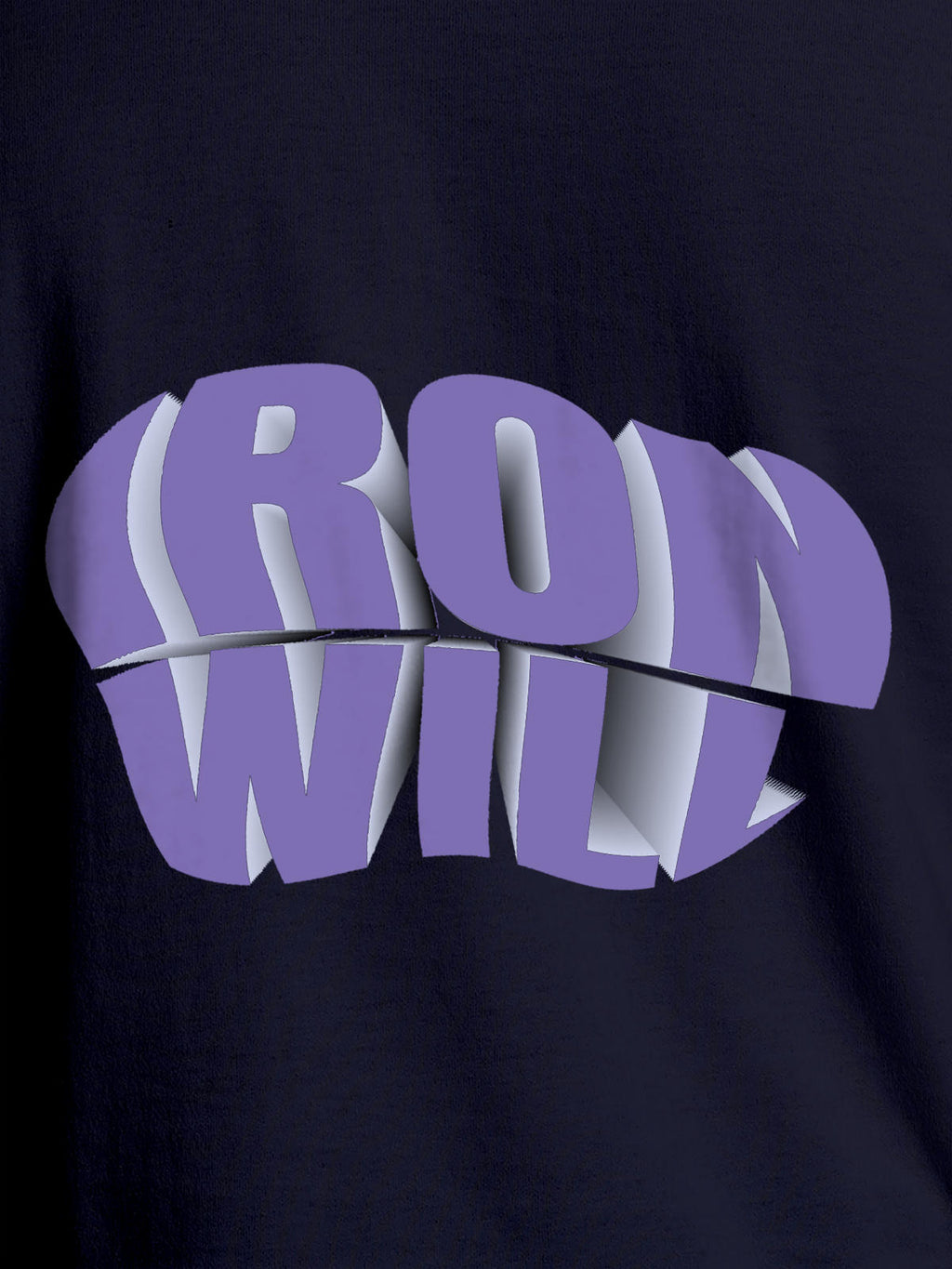Close up of 'Iron Will' design on Women's Navy Blue Round Neck T-shirt, highlighting intricate details and vibrant print.
