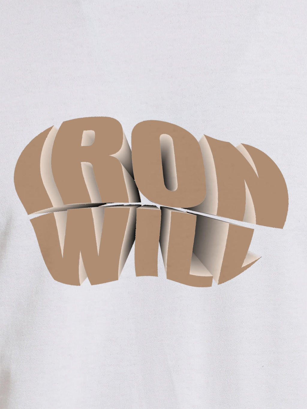 Close up of 'Iron Will' design on Men's White Round Neck T-shirt, highlighting intricate details and vibrant print.
